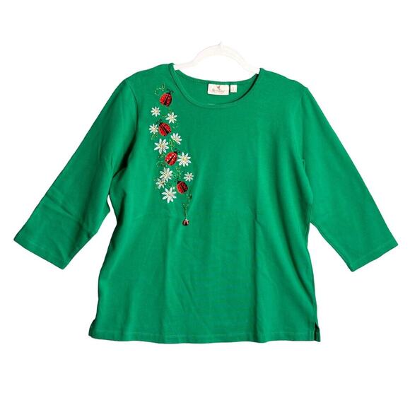 Quacker Factory Sz L Embroidered Beaded Ladybug Pullover Top mature grandmacore - Picture 1 of 9
